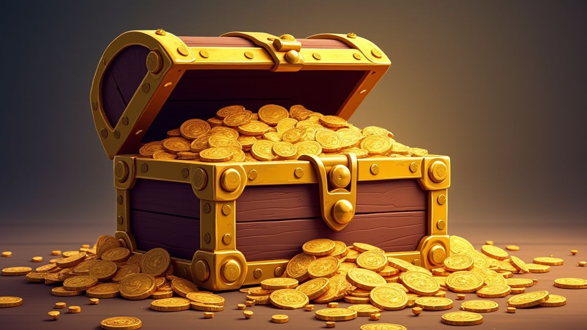Treasure chest filled with gold coins and jewels.