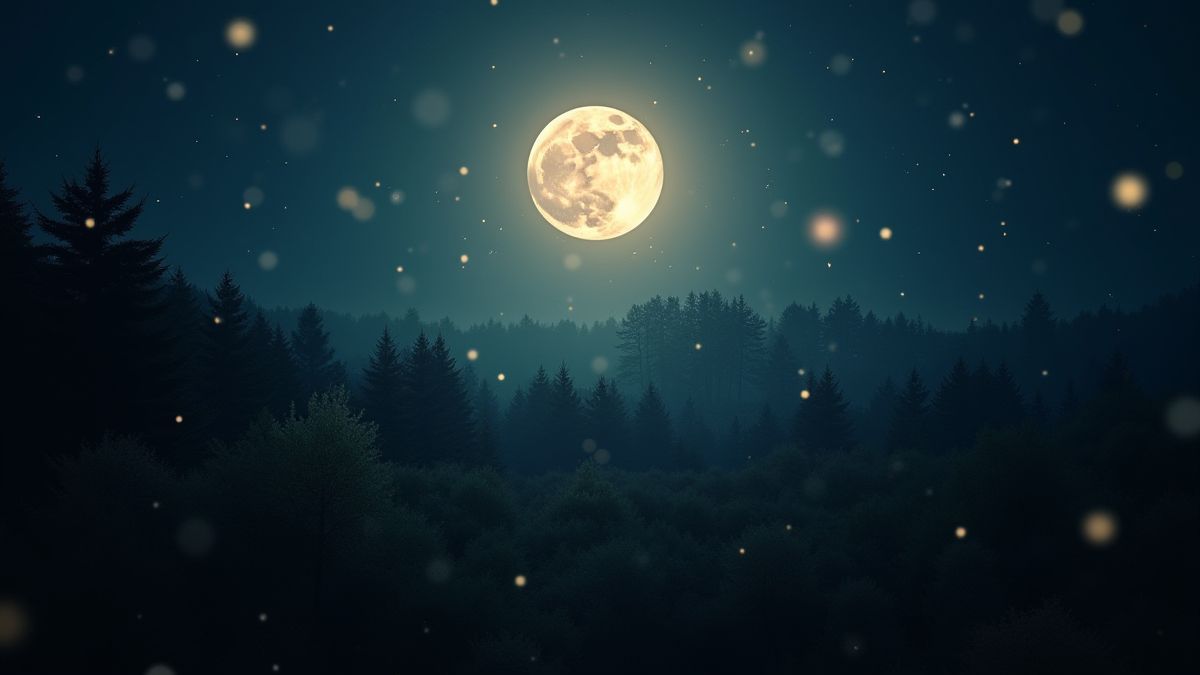 The moon illuminating a dense forest at night with fireflies.
