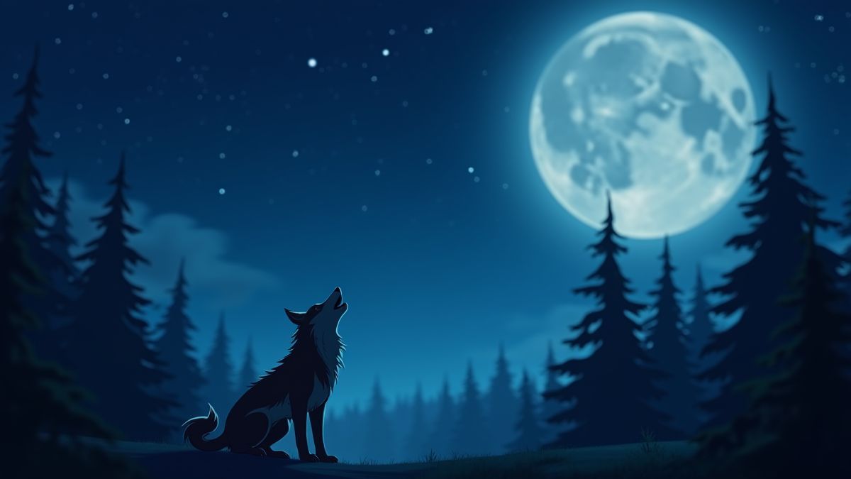 A wolf howling at the moon with a forest background under a starry sky.