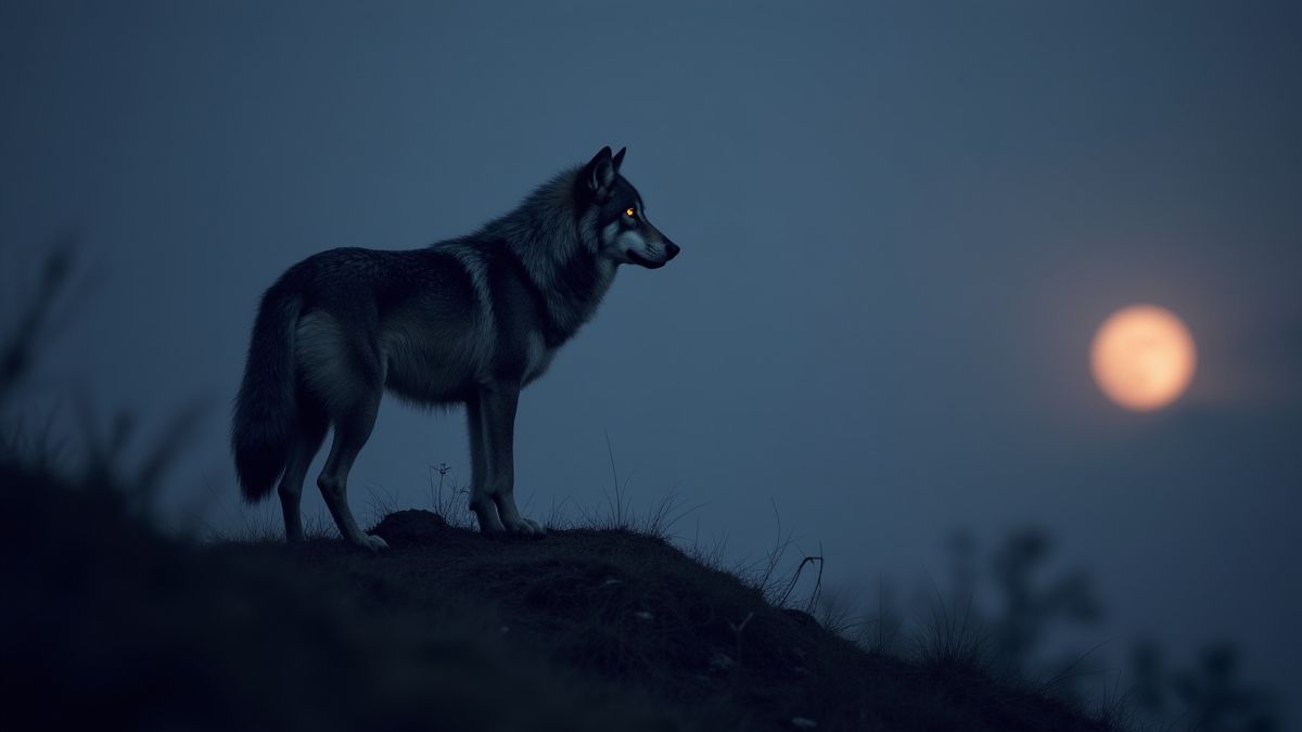 Lobo salvaje en una colina al atardecer