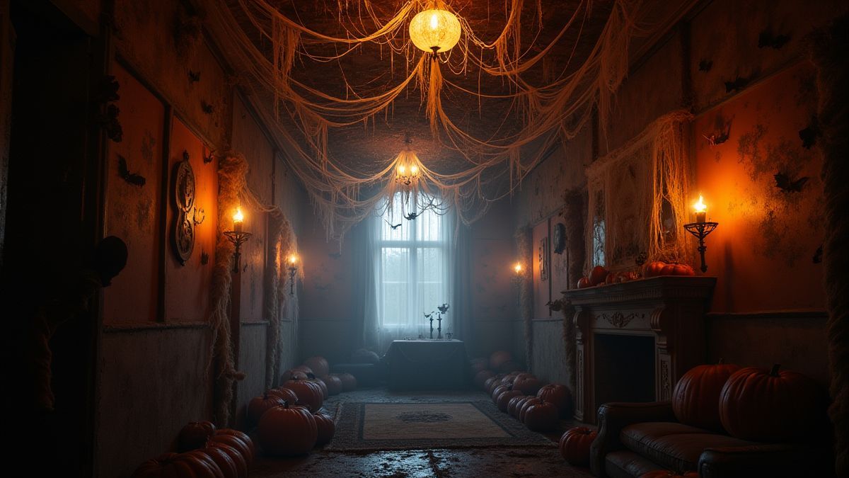 Decorações de Halloween com teias de aranha e morcegos.