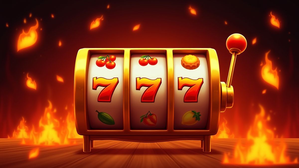 Máquina tragamonedas con frutas y llamas.