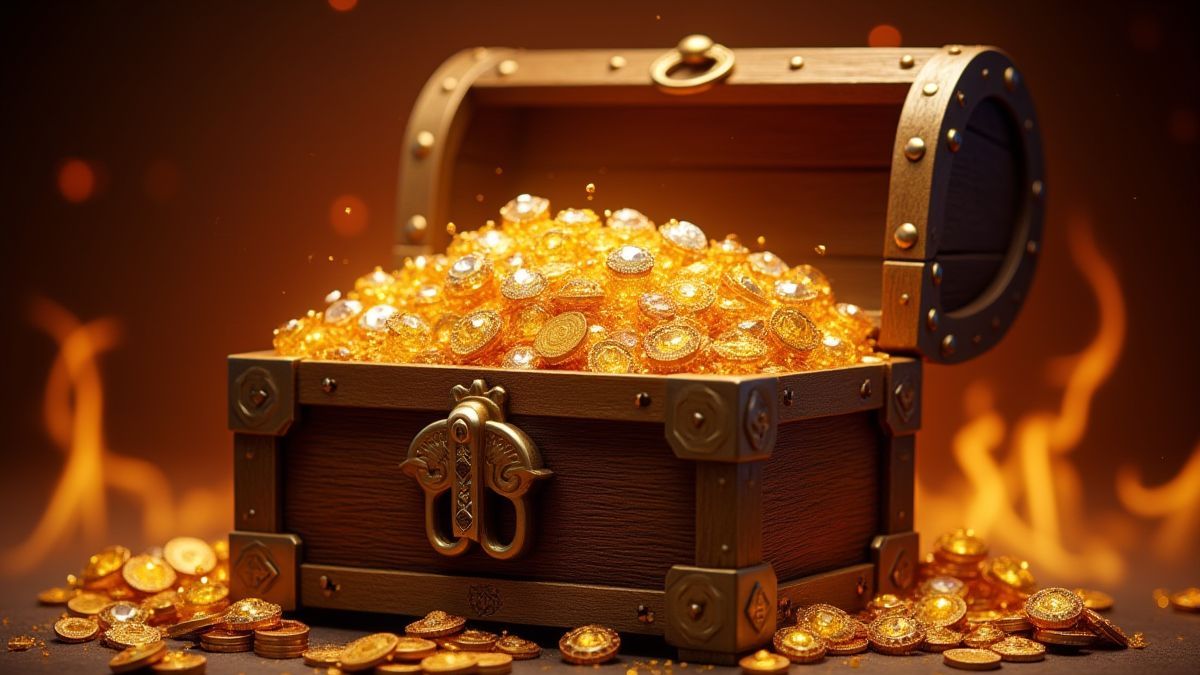 Cofre del tesoro lleno de diamantes y monedas de oro.