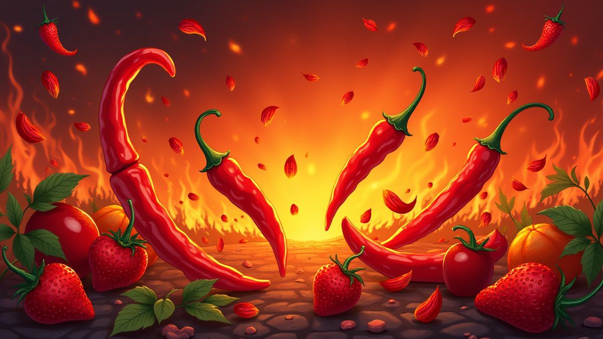 Chiles y frutas en llamas.