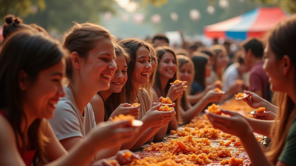 Una multitud disfrutando de comida picante en un festival.