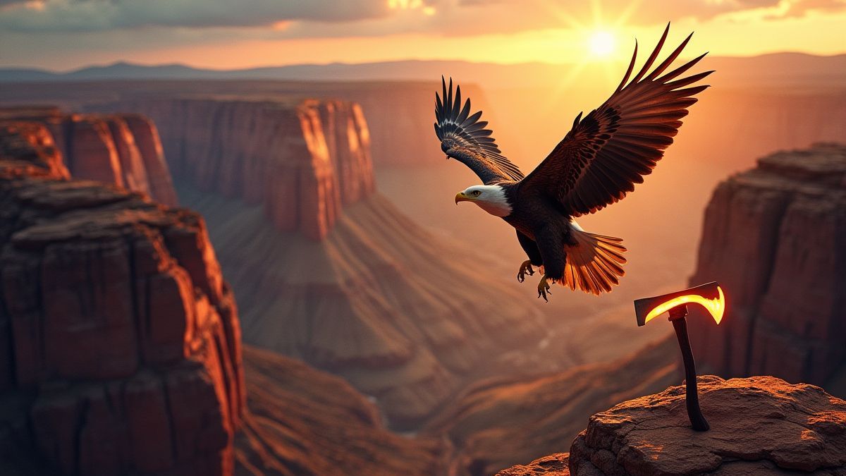 Águila volando sobre un cañón con un tomahawk brillante.