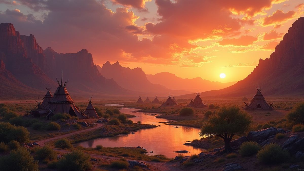 Pueblo nativo americano al atardecer con montañas y ríos.