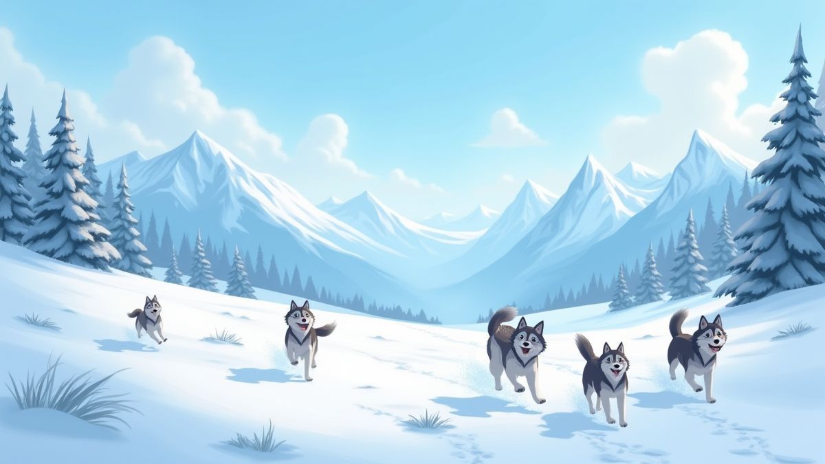 Montanhas nevadas com huskies correndo.