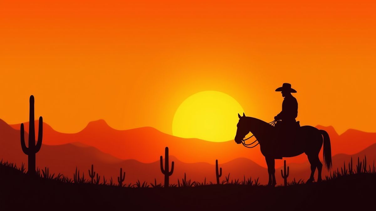 Pôr do sol no Velho Oeste com cactos e um cowboy.