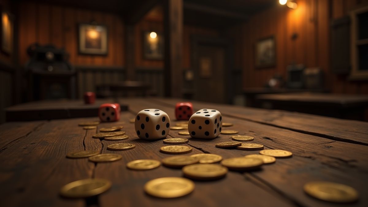Salón antiguo del Lejano Oeste con dados y monedas.