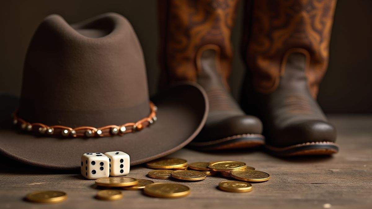 Sombrero y botas de vaquero junto a dados y monedas.
