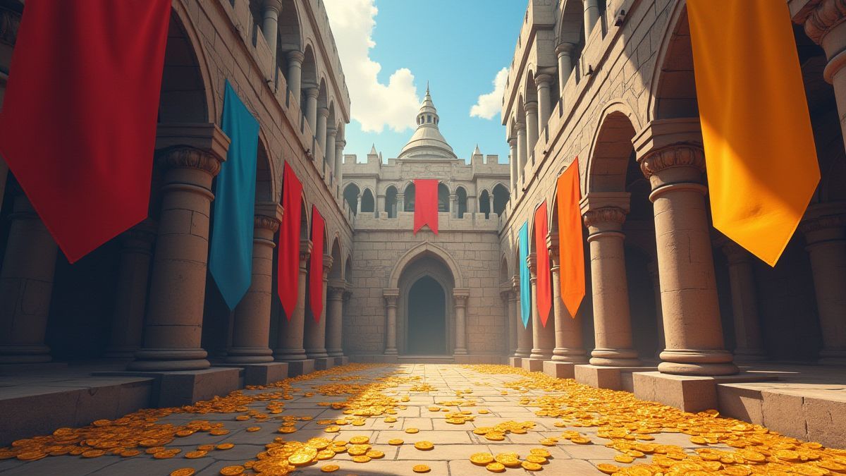 Interieurs eines mittelalterlichen Schlosses mit verstreuten goldenen Münzen.