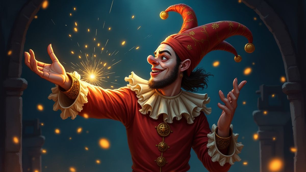 Mittelalterlicher Hofnarr, der leuchtende magische Münzen wirft.