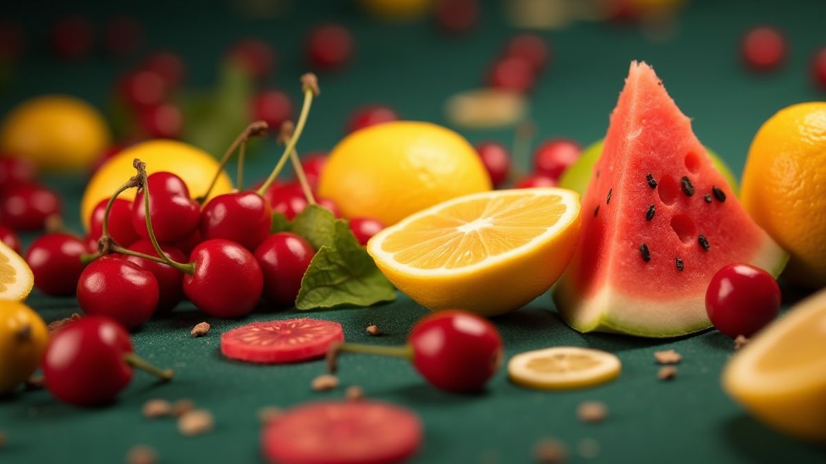 Frutas coloridas como cerejas e melancias em uma mesa de jogo.