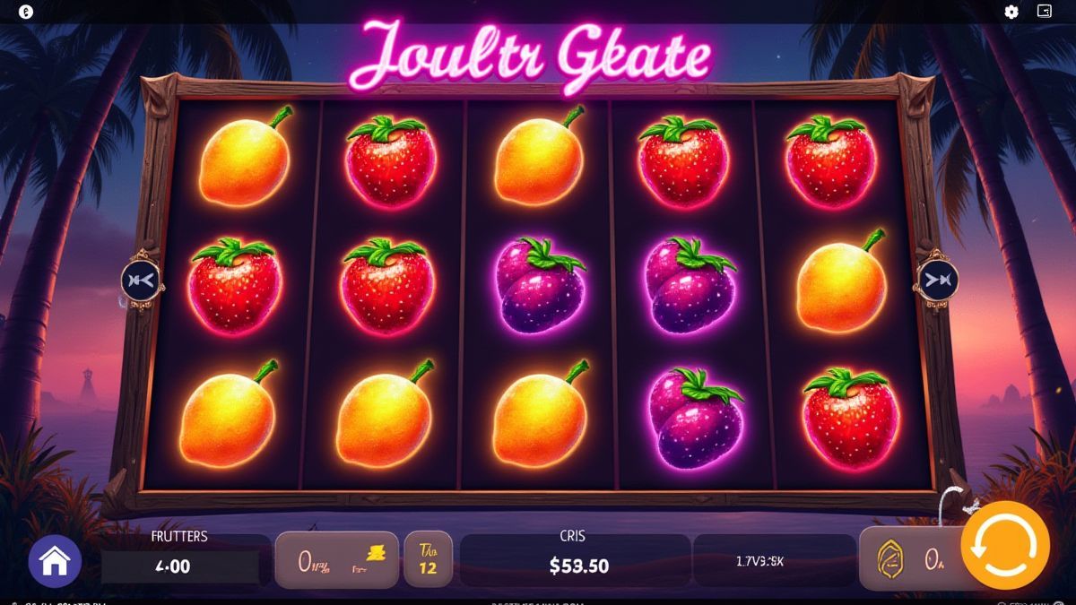 Tela de jogo com frutas brilhantes e um símbolo de joker.
