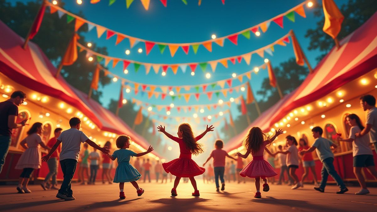 Feestelijke carnavalscène met blije personages en kleurrijke vlaggen.