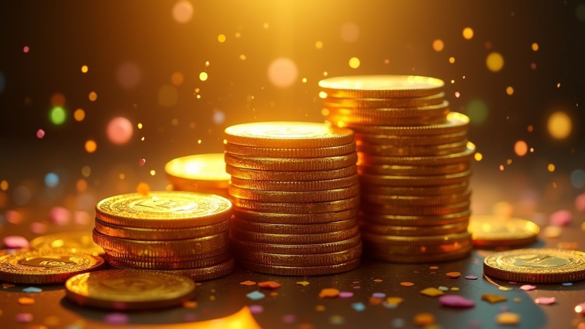 Stapels gouden munten die glinsteren in het licht met kleurrijk confetti op de achtergrond.