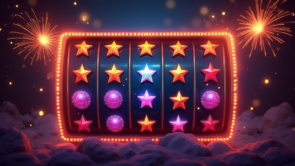 Rol met scatter-symbolen omringd door knipperende lichten en feestelijke vuurwerk.