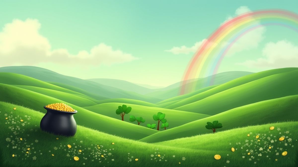 Irisches Landschaftsbild mit Regenbogen und Goldtopf.