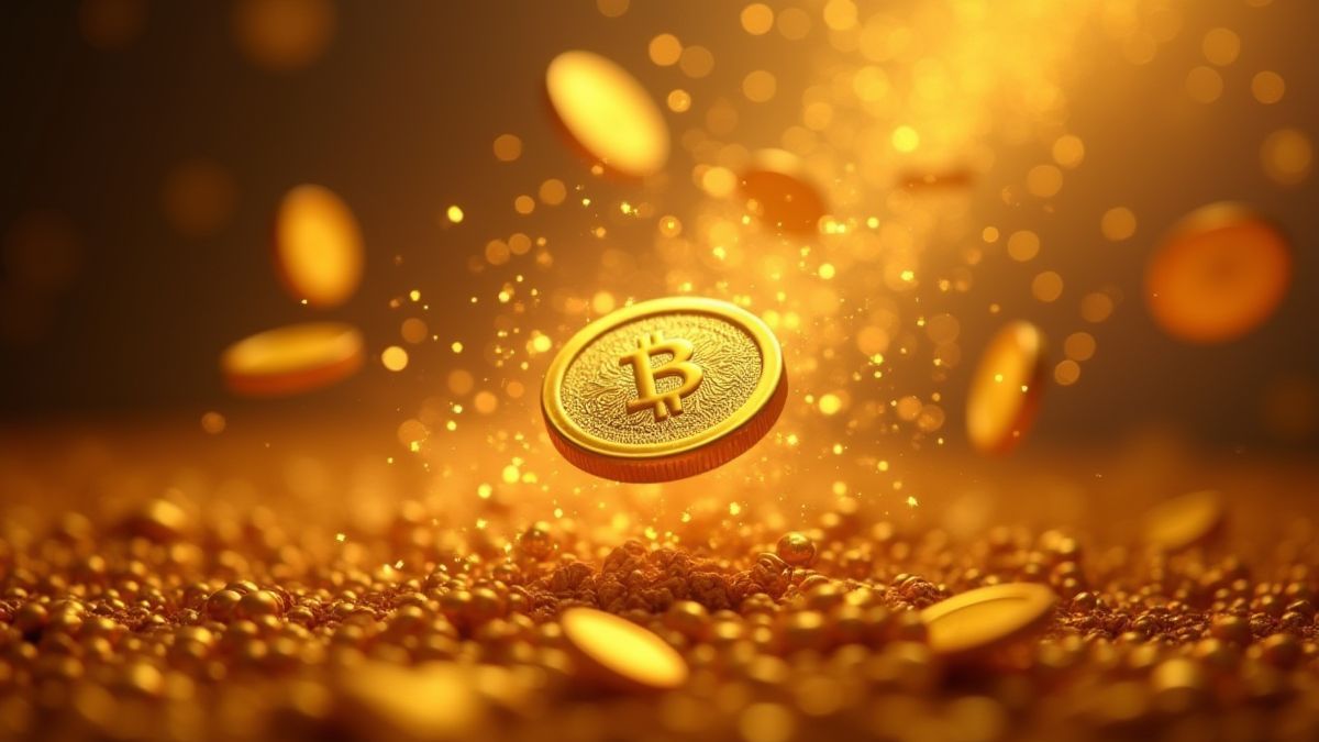 Goldene Münzen fliegen mit Glitzer.