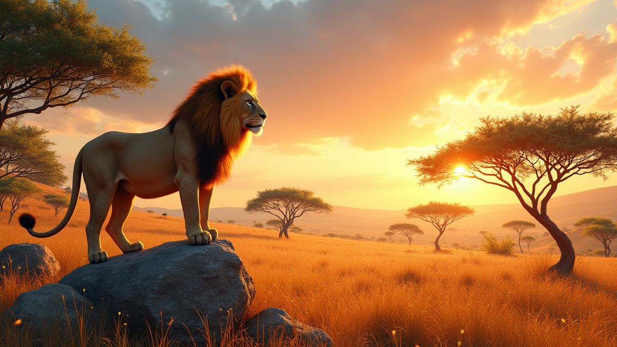 Sabana africana con un león en una roca.