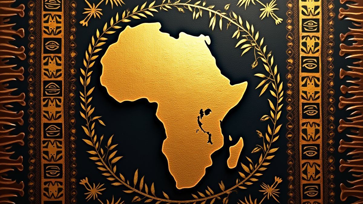 Mapa africano con tonos dorados y patrones tribales.