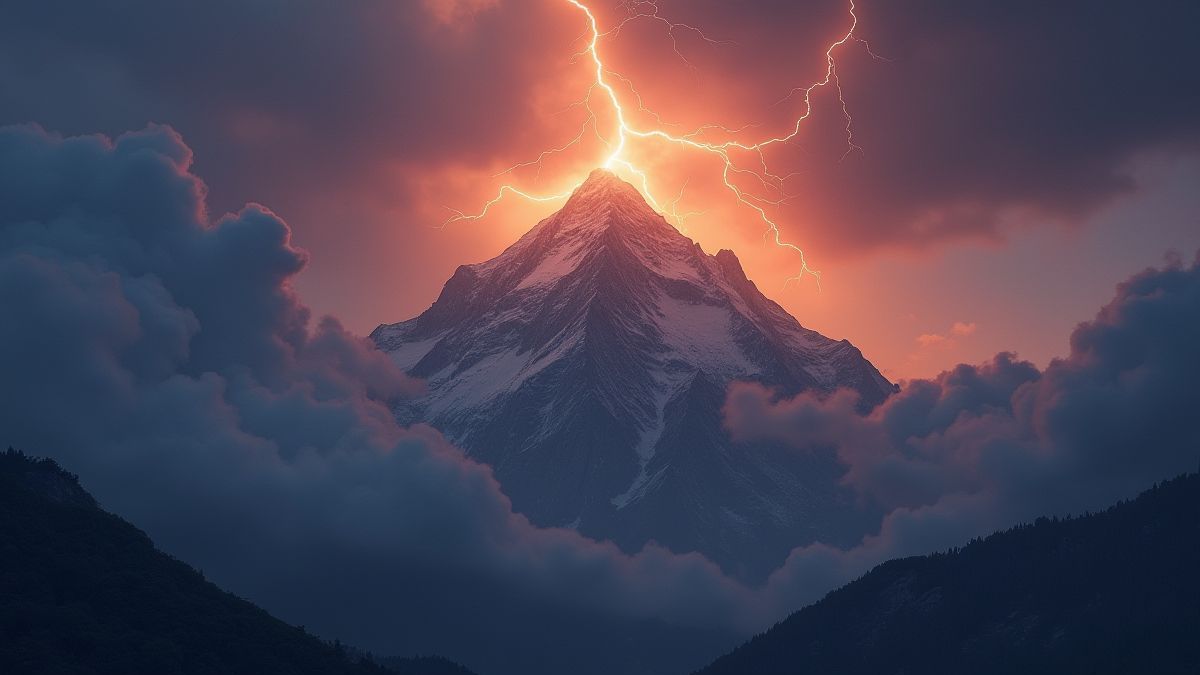 Monte Olimpo con nubes brillantes y rayos.