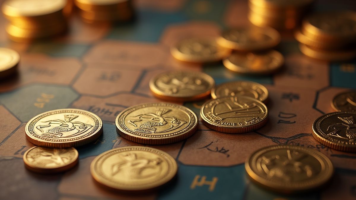 Monedas y tablero de estrategia con símbolos de Zeus.