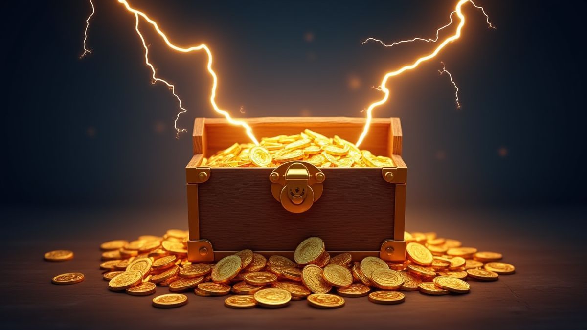 Cofre del tesoro rodeado de rayos y monedas doradas.