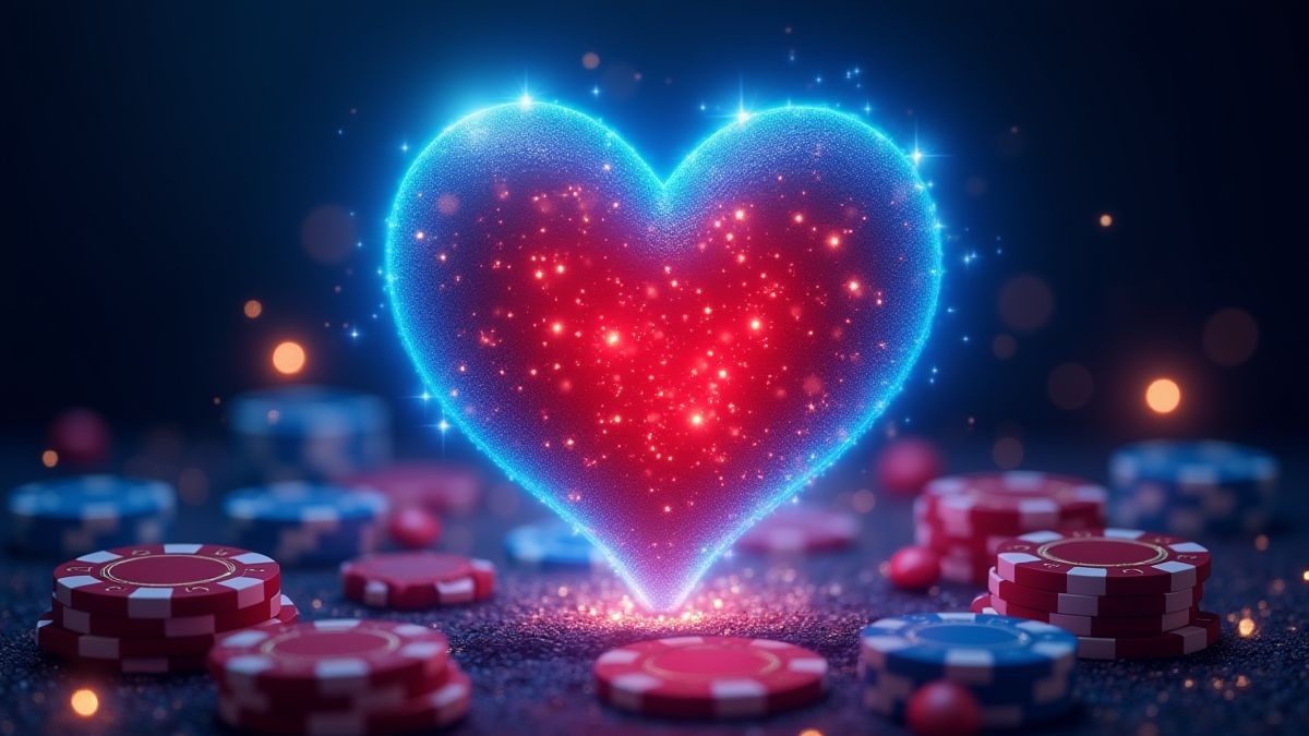 Glanzende blauwe en rode harten omringd door casinofiches.