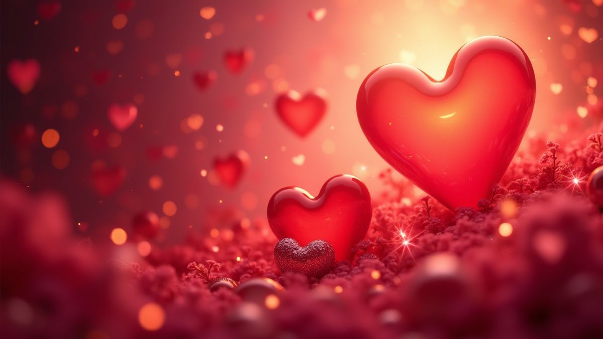 Vallende harten en glanzende fruit symbolen in een romantische setting.