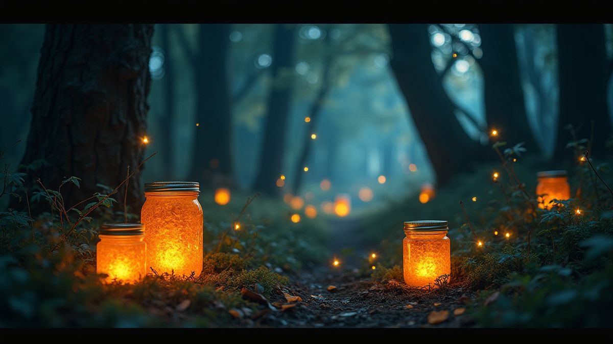 Forêt magique avec des bocaux de marmelade lumineuse et des lucioles brillantes.