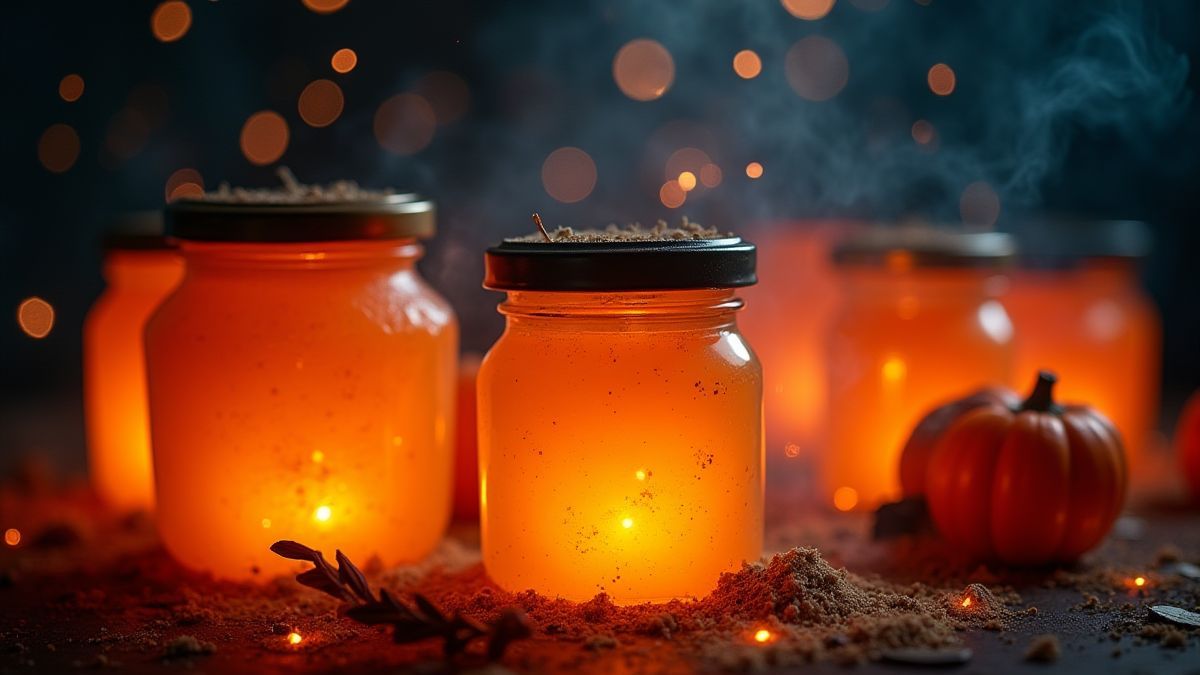 Bocaux de marmelade lumineuse entourés d'une atmosphère magique.
