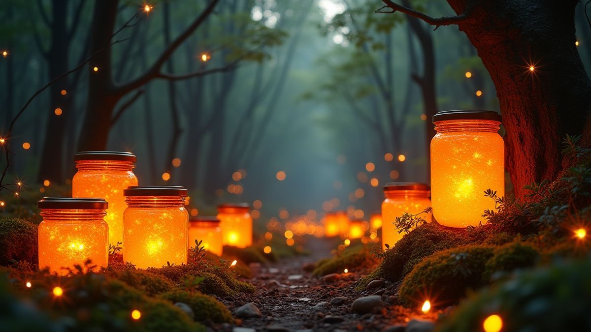 Forêt magique avec des bocaux de marmelade brillante.