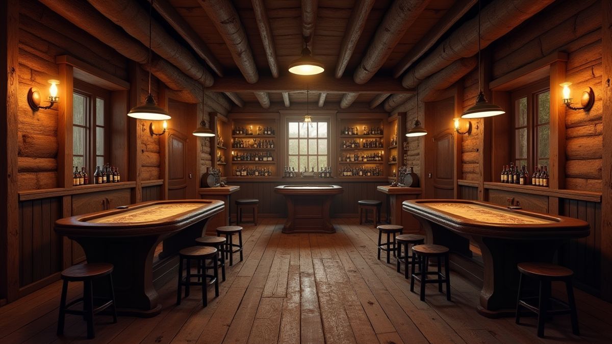 Interior of a Wild West saloon with poker tables and whiskey bottles.
