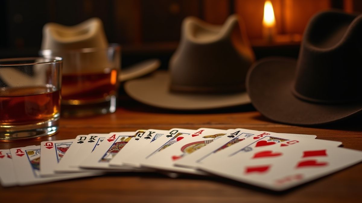 Poker cards being dealt in a Wild West saloon with typical accessories.
