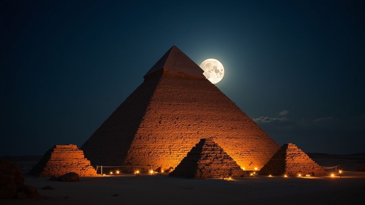 Pyramide égyptienne illuminée sous la lune pleine.