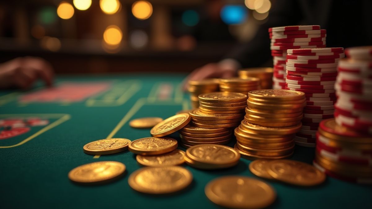 Monnaies de casino et jetons dorés sur une table.