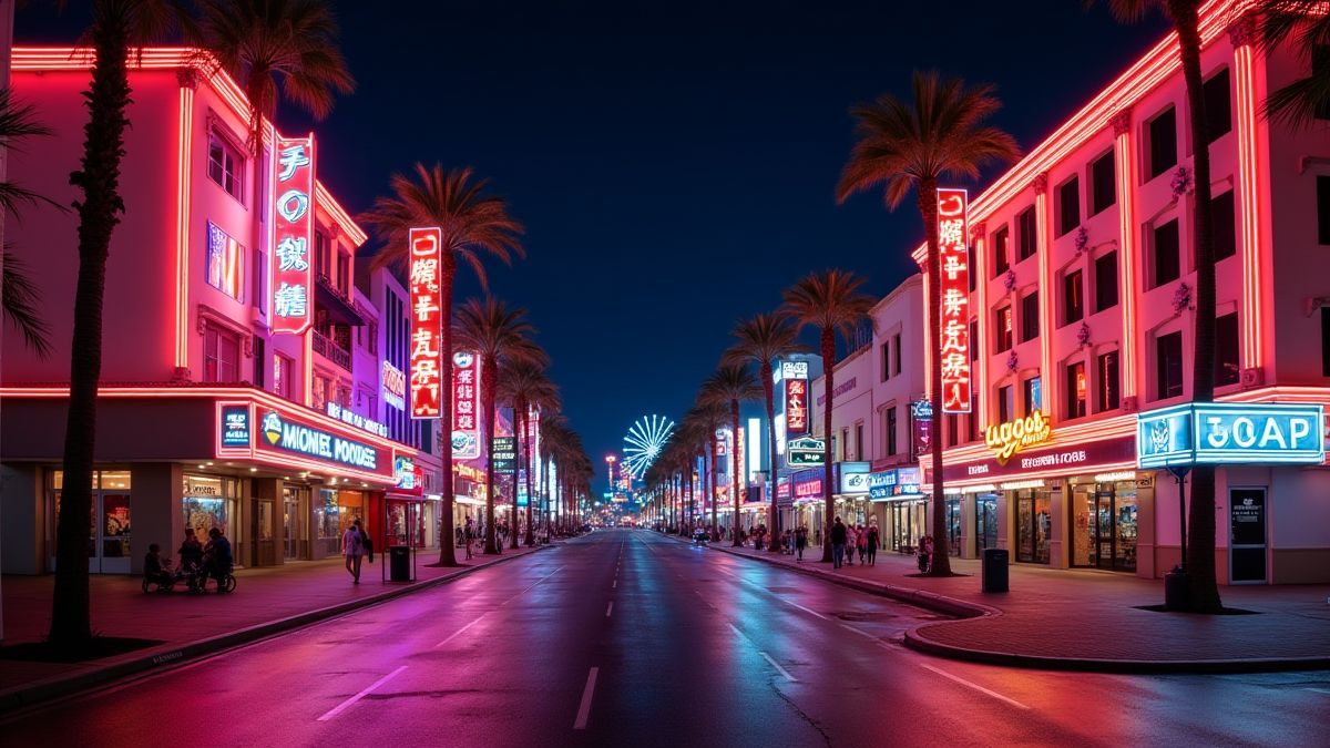 Calle de Las Vegas iluminada con luces de neón.