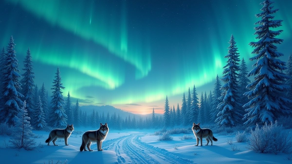Nordlichter über einem verschneiten Wald mit wilden Tieren