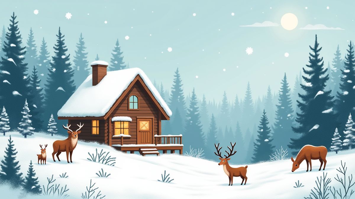 Gemütliche skandinavische Hütte umgeben von Schnee und wilden Tieren