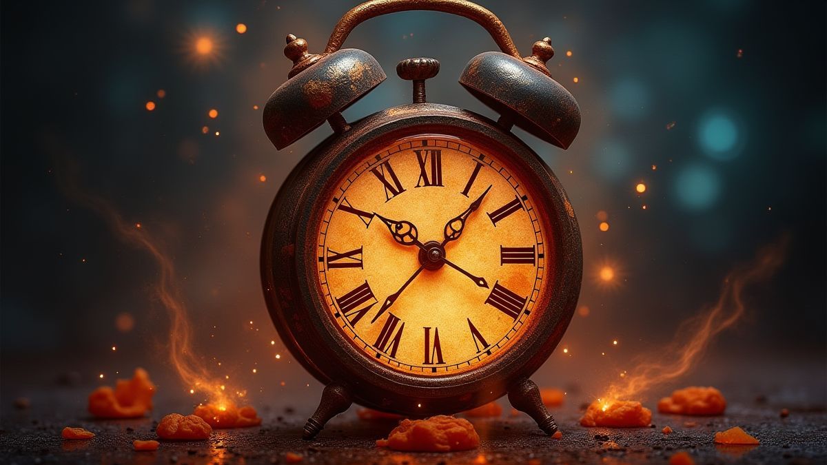 Eine antike Uhr umgeben von kosmischen und leuchtenden Elementen.