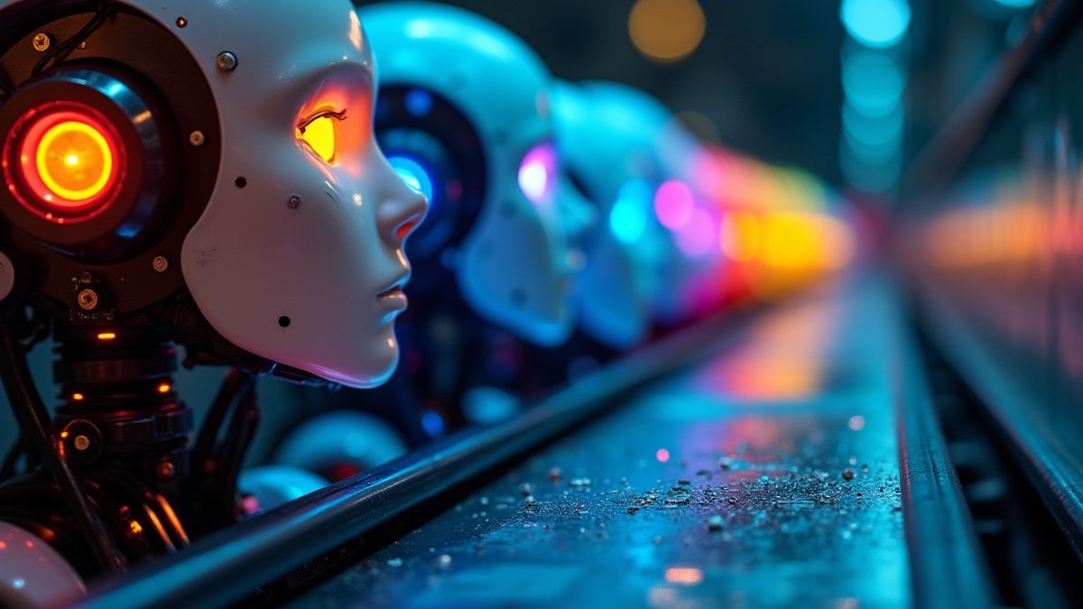 Cabeças de robôs brilhantes em uma esteira futurista.