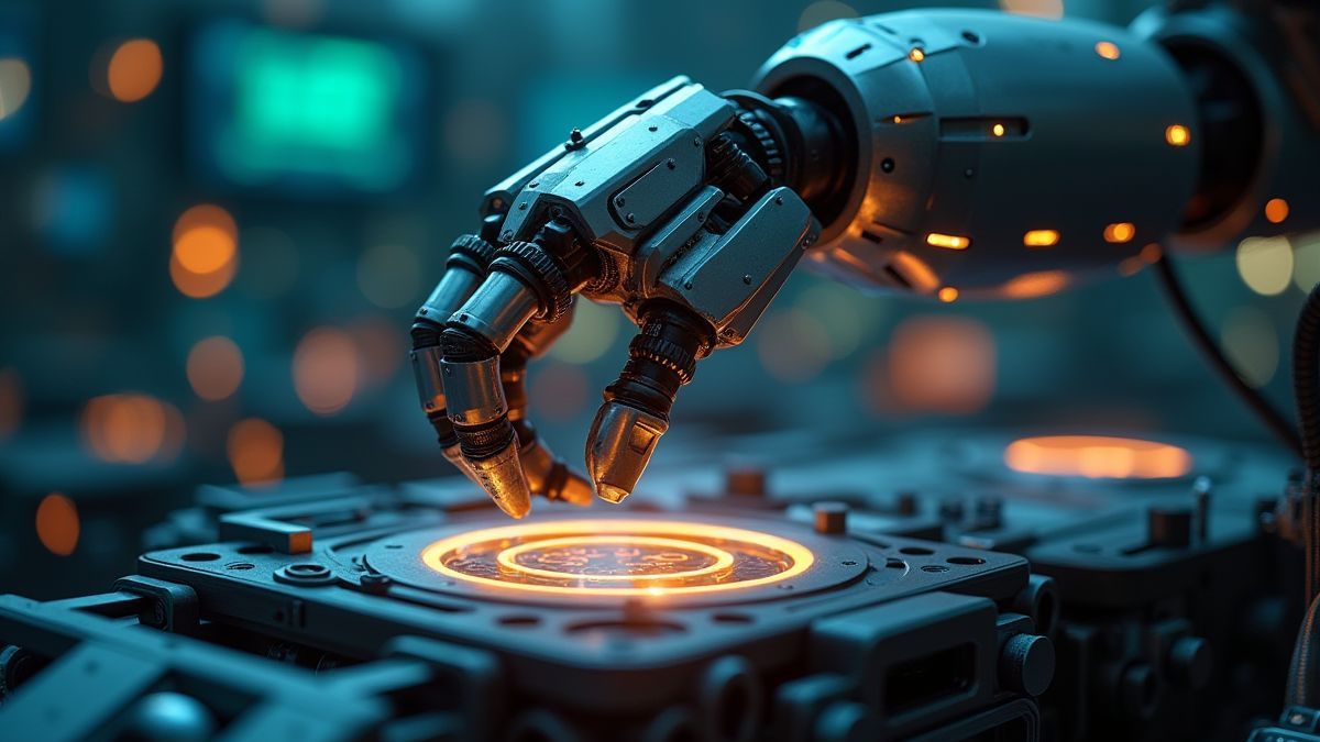 Braço robótico colocando peças brilhantes em uma máquina futurista.