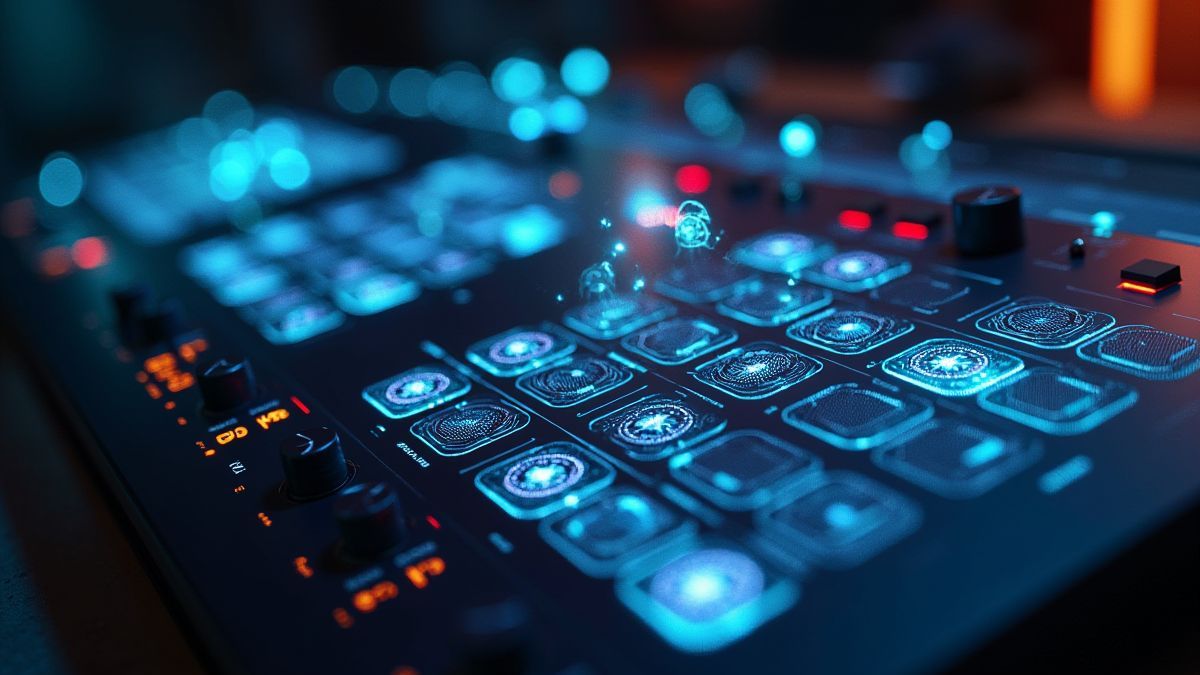 Consola futurista com botões brilhantes e hologramas de robôs.