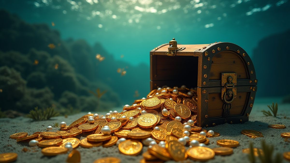 Goldmünzen und Perlen, die aus einer Schatztruhe unter Wasser herausfallen.