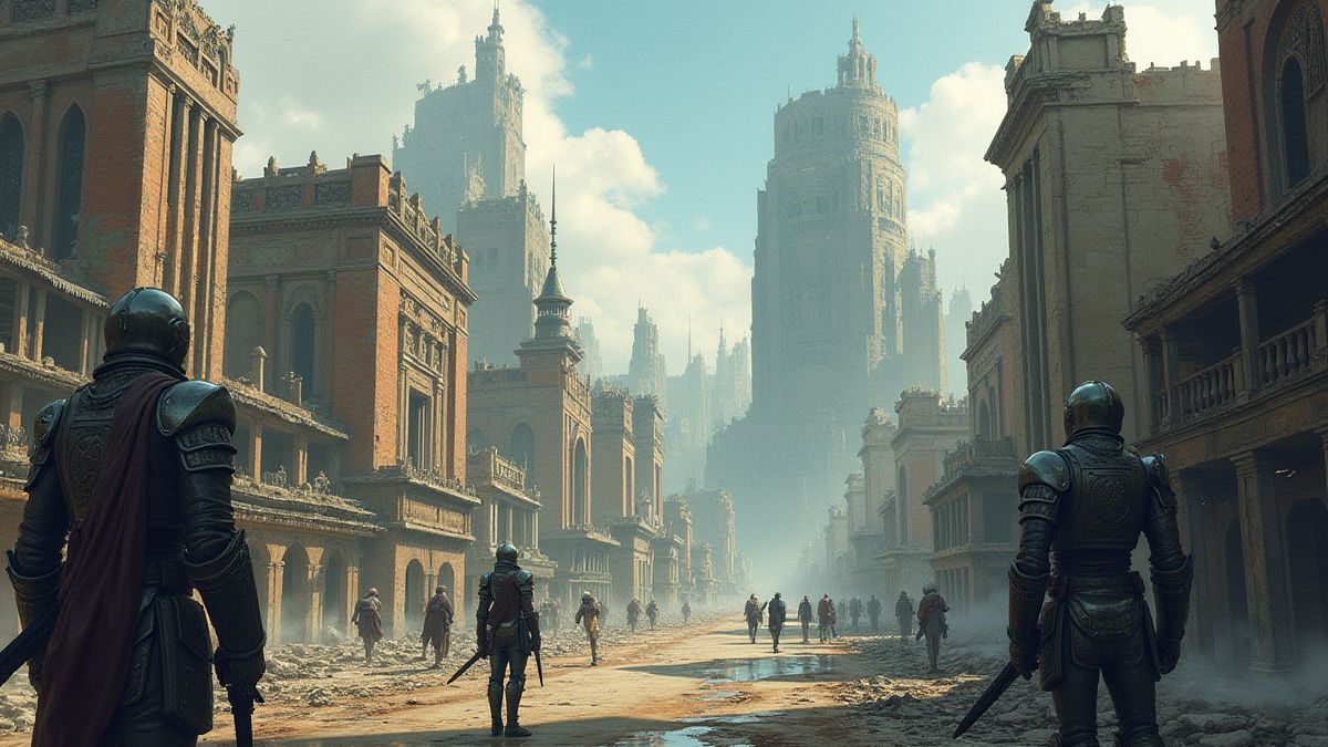 Ciudad post-apocalíptica con edificios en ruinas y caballeros mecánicos.