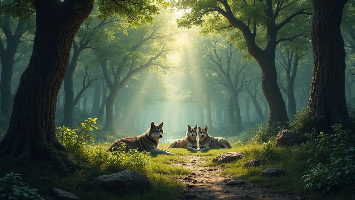 Image of a jungle scene with resting wolves