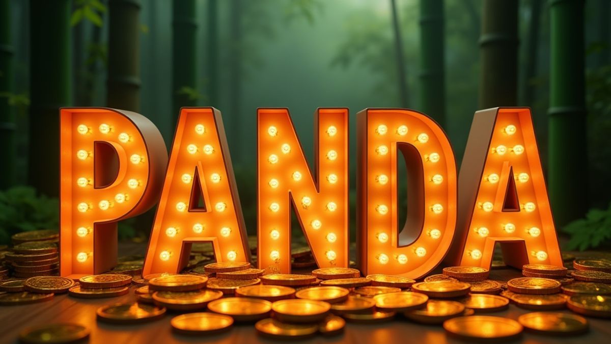 A palavra 'PANDA' iluminada nos rolos com moedas douradas e bambu ao fundo.