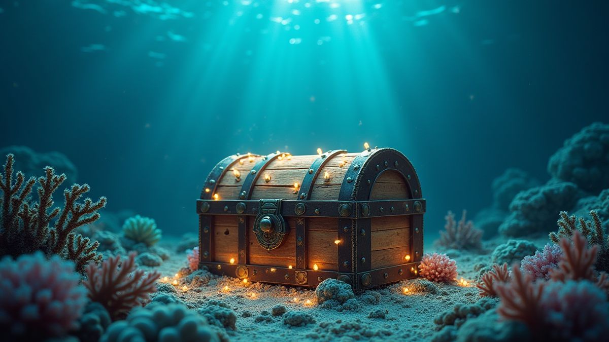 Schatkist onder water omringd door glinsterende parels en koraal.